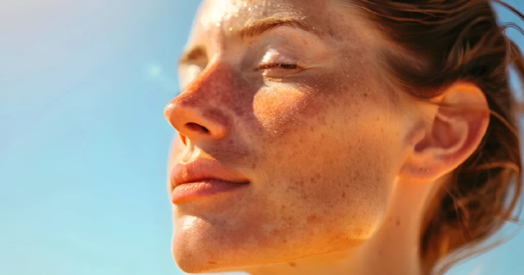 Close-up of a woman’s sun-kissed face with freckles and sun damage in Rochester Hills, MI