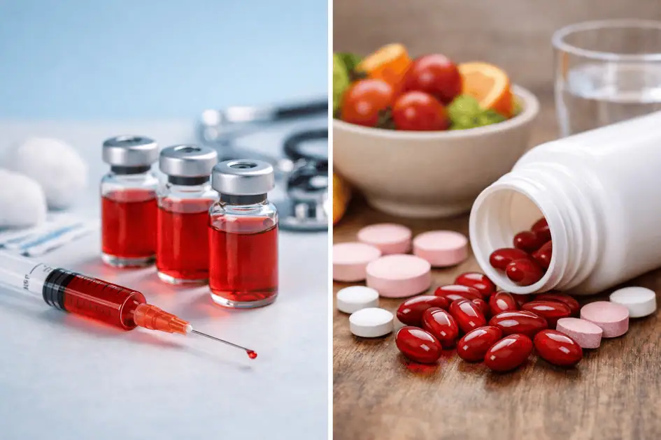 Close-up comparison of vitamin B12 injection vials with syringe beside oral B12 capsules and tablets