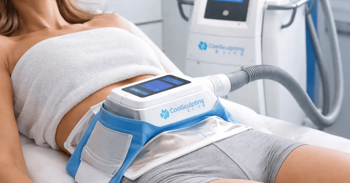 CoolSculpting Elite fat freezing treatment on abdomen in a professional med spa